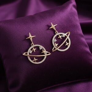 18k Gold Plated Celestial Saturn Stud Earrings. New.